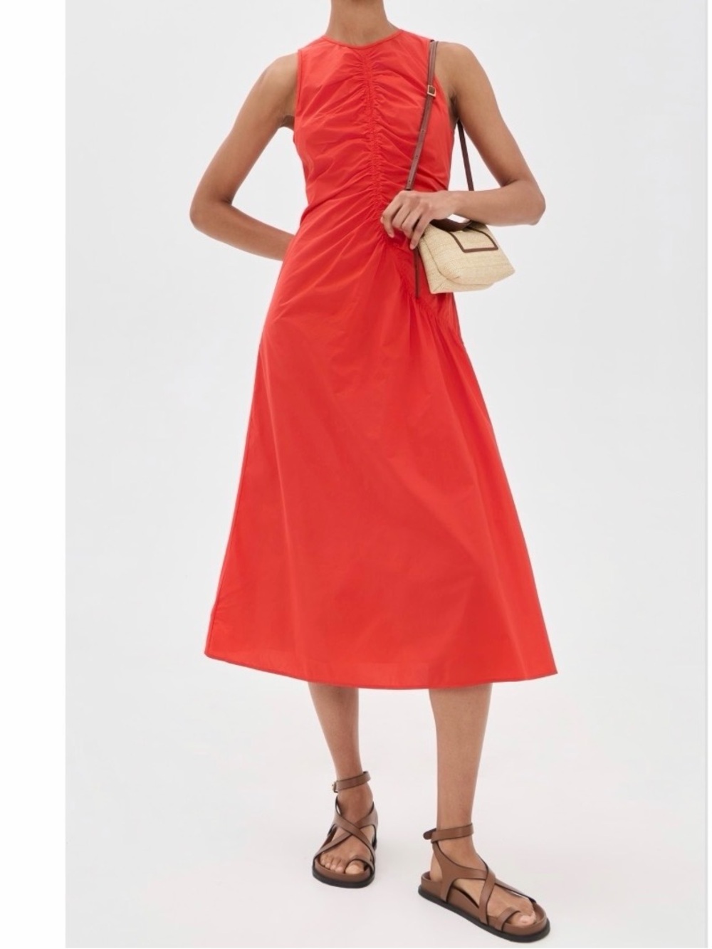 NWT Theory Asymmetric Ruched Sleeveless Midi Dress in Poppy - Picture 3 of 8